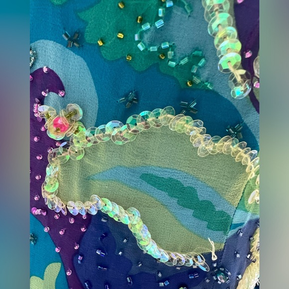 Vintage Cache Turquoise 🦋 Purple Lime Beaded Sequin Cocktail Dress Sz 12 Halter - Picture 7 of 16